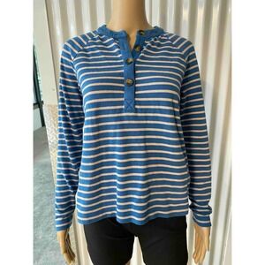 Boden Striped Top Long Sleeve Button Up Casual Blue Beige Size 4